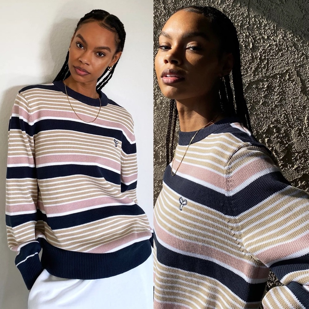 Aritzia TNA Amherst Striped Crew Neck Knit Sweater Womens Size Large Relaxed Fit